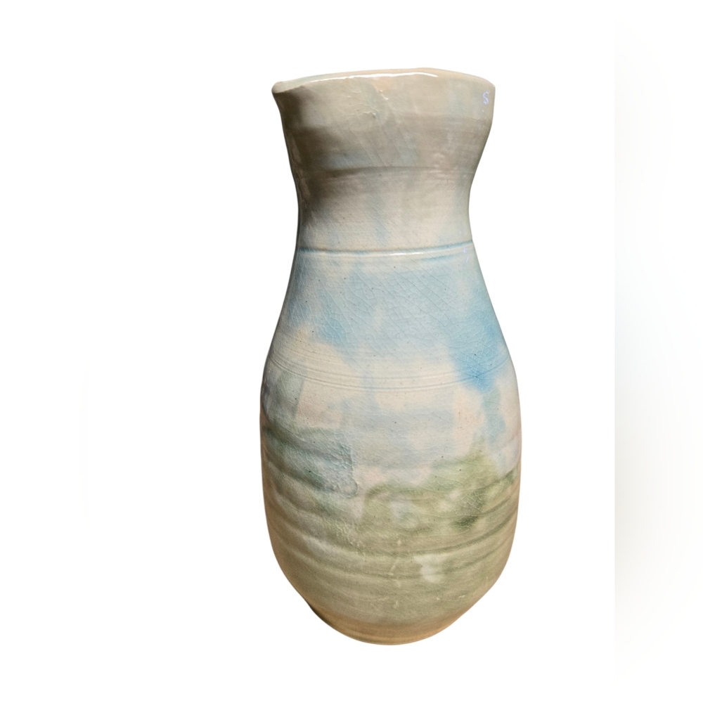 studio art pottery vase soft pastels of green,blue and cream signed